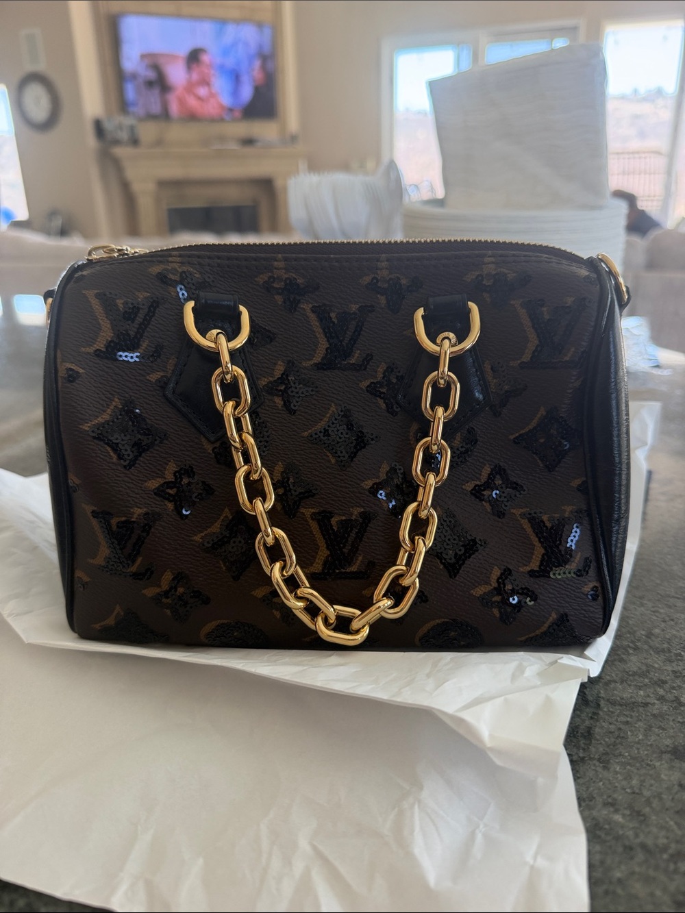 Louis Vuitton Dark Brown Monogram Sequin Shoulder Bag with Gold Chain